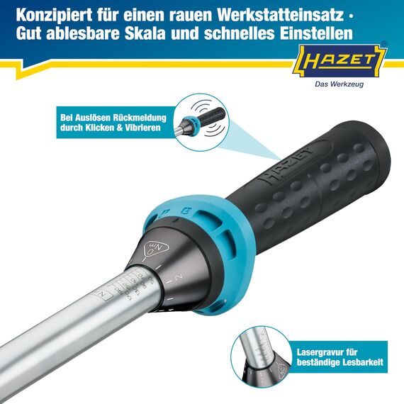 Hazet Drehmomentschlüssel 5122-2CT I Abtrieb: Vierkant 12,5 mm, 1/2 Zoll, Toleranz: 4%, 32 Zähne Betätigungswinkel 11,25 Grad I anwenderfreundliche Umschaltknarre für Auto und Fahrrad I 519mm