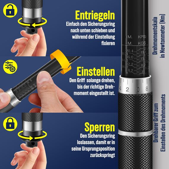 MASKO® Drehmomentschlüssel 6tlg. Set 40-210Nm 1/2' CV inkl. 3 Stecknüsse 17mm 19mm 21mm & Verlängerung 125mm Montagehandschuhe Koffer +/- 4% Toleranz Reifenschlüssel Auto Drehmoment-Schlüssel, Schwarz