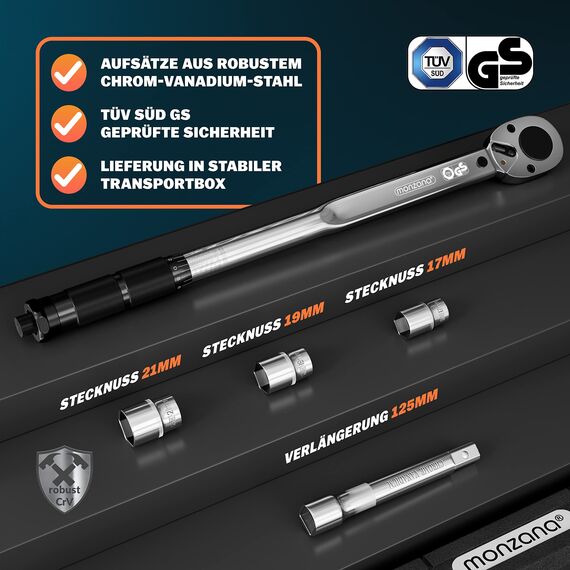Monzana® Drehmomentschlüssel 6tlg. Set 40-210Nm TÜV Süd GS 1/2' Zoll CrV +/- 3% Toleranz Wende Ratschenkopf inkl. 3 Stecknüsse 17, 19, 21mm Verlängerung inkl. Koffer Auto Motorrad