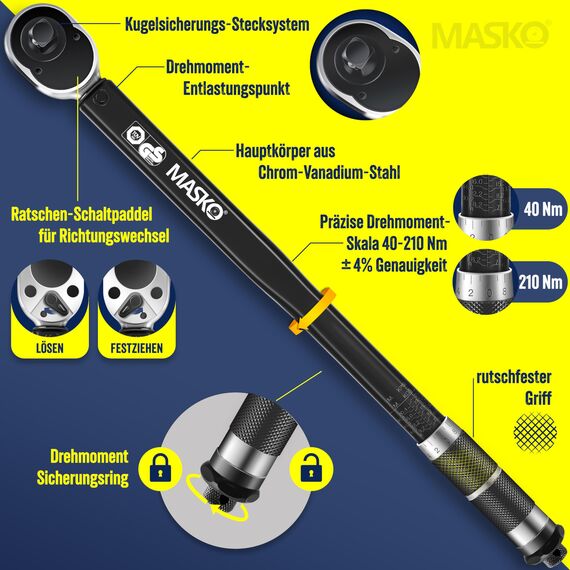 MASKO® Drehmomentschlüssel 6tlg. Set 40-210Nm 1/2' CV inkl. 3 Stecknüsse 17mm 19mm 21mm & Verlängerung 125mm Montagehandschuhe Koffer +/- 4% Toleranz Reifenschlüssel Auto Drehmoment-Schlüssel, Schwarz