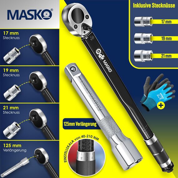 MASKO® Drehmomentschlüssel 6tlg. Set 40-210Nm 1/2' CV inkl. 3 Stecknüsse 17mm 19mm 21mm & Verlängerung 125mm Montagehandschuhe Koffer +/- 4% Toleranz Reifenschlüssel Auto Drehmoment-Schlüssel, Schwarz