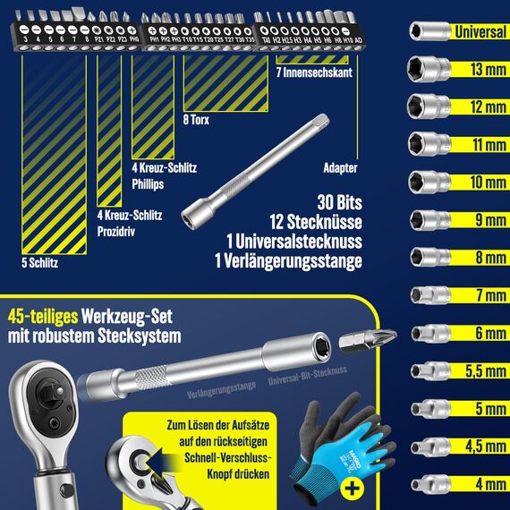 MASKO® Drehmomentschlüssel 45-tlg. Set Auto, Fahrrad & Motorrad 1/4 Zoll 5-25Nm inkl. Handschuhe, Magnetische Zündkerzenhülse Stecknüsse mit Verlängerungsstange 100mm +/- 4% Toleranz Reifenschlüsse