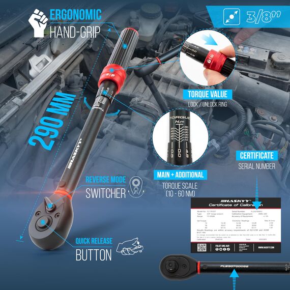 HASKYY Drehmomentschlüssel 3/8" 10-60Nm Zündkerzenschlüssel Magnetisch 14-16mm mit Torxbits T20 T30 T40 inkl. Verlängerungsadapter KFZ Industrie Motorrad Auto