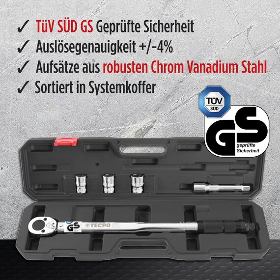 TECPO Drehmomentschlüssel Set 1/2" Zoll 40-210 Nm 6-tlg. CR-V TÜV Süd GS 3 Stecknüsse 17 19 21mm + Verlängerung sehr präzise und robust Auto Motorrad