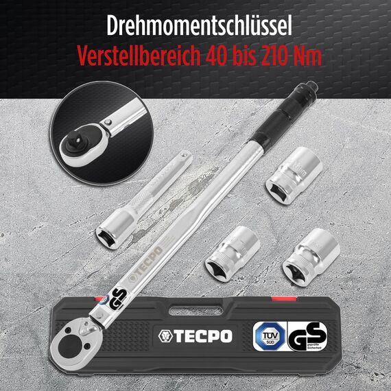 TECPO Drehmomentschlüssel Set 1/2" Zoll 40-210 Nm 6-tlg. CR-V TÜV Süd GS 3 Stecknüsse 17 19 21mm + Verlängerung sehr präzise und robust Auto Motorrad