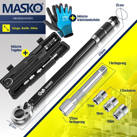 MASKO® Drehmomentschlüssel 6tlg. Set 40-210Nm 1/2' CV inkl. 3 Stecknüsse 17mm 19mm 21mm & Verlängerung 125mm Montagehandschuhe Koffer +/- 4% Toleranz Reifenschlüssel Auto Drehmoment-Schlüssel, Schwarz