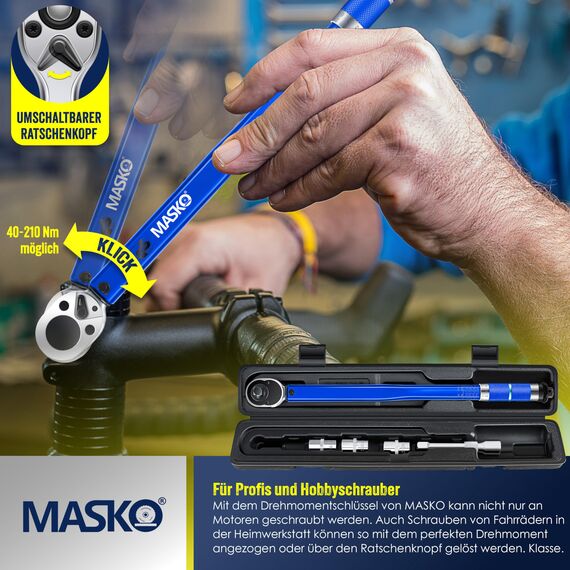 MASKO® Drehmomentschlüssel 6tlg. Set 40-210Nm 1/2' CV inkl. 3 Stecknüsse 17mm 19mm 21mm & Verlängerung 125mm Montagehandschuhe Koffer +/- 4% Toleranz Reifenschlüssel Auto Drehmoment-Schlüssel, Blau
