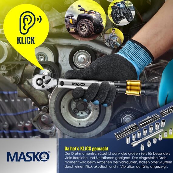 MASKO® Drehmomentschlüssel 45-tlg. Set Auto, Fahrrad & Motorrad 1/4 Zoll 5-25Nm inkl. Handschuhe, Magnetische Zündkerzenhülse Stecknüsse mit Verlängerungsstange 100mm +/- 4% Toleranz Reifenschlüsse