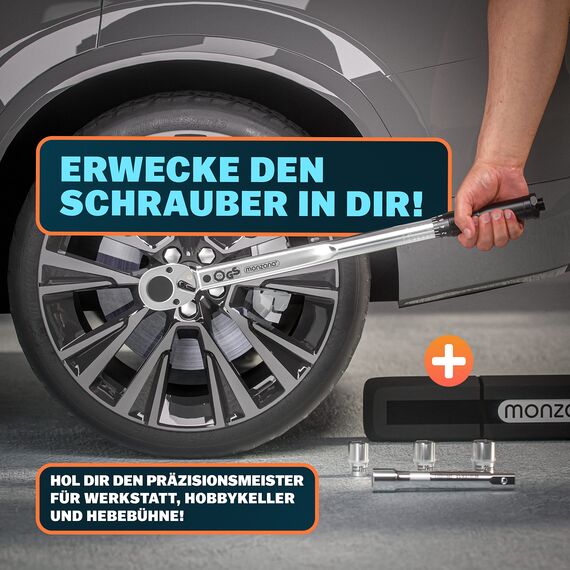 Monzana® Drehmomentschlüssel 6tlg. Set 40-210Nm TÜV Süd GS 1/2' Zoll CrV +/- 3% Toleranz Wende Ratschenkopf inkl. 3 Stecknüsse 17, 19, 21mm Verlängerung inkl. Koffer Auto Motorrad