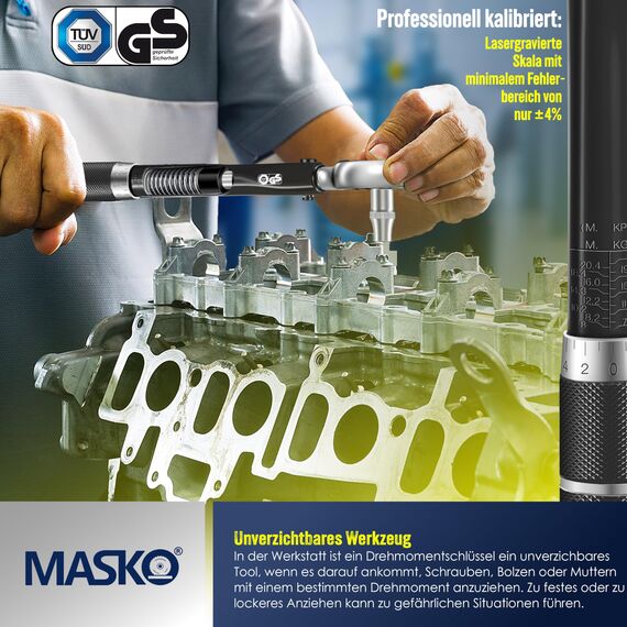 MASKO® Drehmomentschlüssel 6tlg. Set 40-210Nm 1/2' CV inkl. 3 Stecknüsse 17mm 19mm 21mm & Verlängerung 125mm Montagehandschuhe Koffer +/- 4% Toleranz Reifenschlüssel Auto Drehmoment-Schlüssel, Schwarz