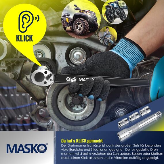 MASKO® Drehmomentschlüssel 6tlg. Set 40-210Nm 1/2' CV inkl. 3 Stecknüsse 17mm 19mm 21mm & Verlängerung 125mm Montagehandschuhe Koffer +/- 4% Toleranz Reifenschlüssel Auto Drehmoment-Schlüssel, Schwarz