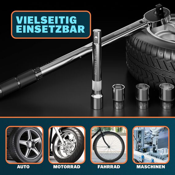 Monzana® Drehmomentschlüssel 6tlg. Set 40-210Nm TÜV Süd GS 1/2' Zoll CrV +/- 3% Toleranz Wende Ratschenkopf inkl. 3 Stecknüsse 17, 19, 21mm Verlängerung inkl. Koffer Auto Motorrad