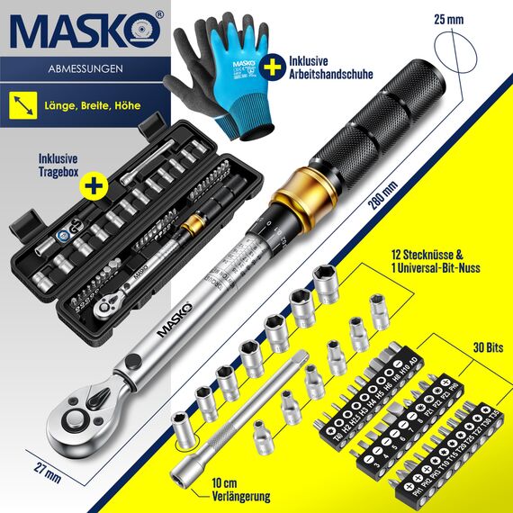 MASKO® Drehmomentschlüssel 45-tlg. Set Auto, Fahrrad & Motorrad 1/4 Zoll 5-25Nm inkl. Handschuhe, Magnetische Zündkerzenhülse Stecknüsse mit Verlängerungsstange 100mm +/- 4% Toleranz Reifenschlüsse