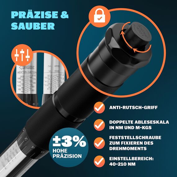 Monzana® Drehmomentschlüssel 6tlg. Set 40-210Nm TÜV Süd GS 1/2' Zoll CrV +/- 3% Toleranz Wende Ratschenkopf inkl. 3 Stecknüsse 17, 19, 21mm Verlängerung inkl. Koffer Auto Motorrad