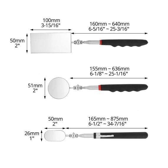 QWORK® 3 Stück Teleskop Inspektionsspiegel Set, Rechteckig, Rund und Oval, 360 Grad Drehbar, Ausziehbare Griffe, Für Fahrzeug Inspektionen
