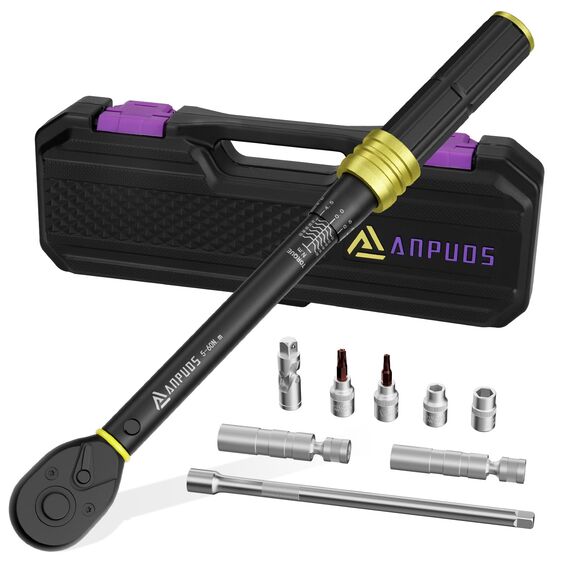 ANPUDS Drehmomentschlüssel 3/8", 5-60Nm Fahrrad & Motorrad Drehmomentschlüssel 9-tlg. Set mit 250mm Verlängerungsstange, 3/8 Universalgelenk, 14mm/16mm Magnetische Zündkerzenhülse, Bits und Socket