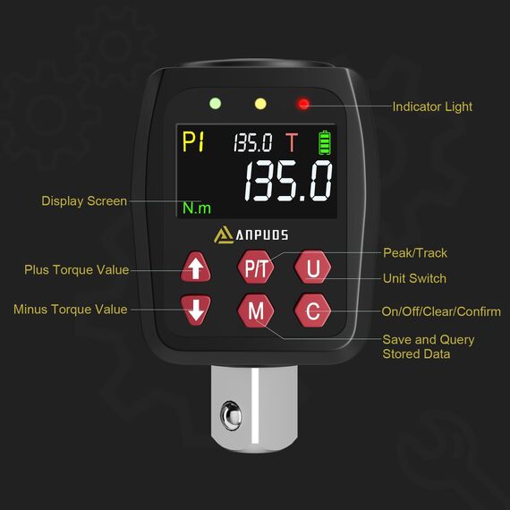 ANPUDS Digitaler Drehmomentadapter, 1/2 Zoll 6.75-135Nm Drehmomentadapter Set mit Voreingestellter, Lagerung, Summer, LCD Anzeige, ± 1% Fehlergenauigkeit, 1/4" 3/8" Adapter für Auto, Motorrad, Fahrrad