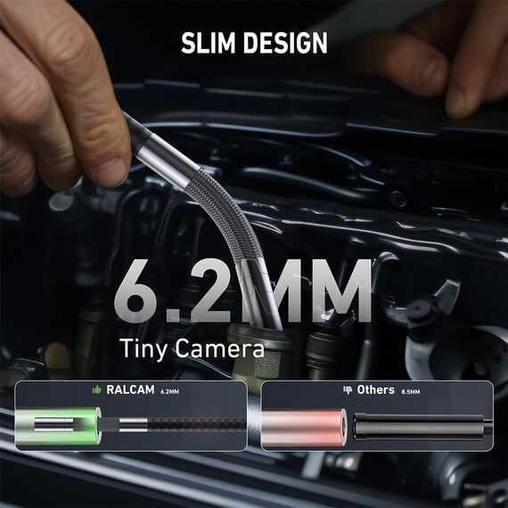 Ralcam Endoskopkamera mit Licht Endoscope Camera - 360° Endoskop Schwenkbarer 4,3" HD 720P Inspektionskamera mit Licht Rohrkamera, Kameras mit 6 LED, IP67 (6,2mm Sonde/2M)