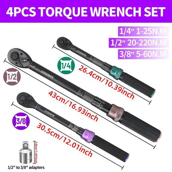 UYECOVE Drehmomentschlüssel Set, 3 teilig Drehmomentschlüssel 1/4" 1-25Nm, 3/8" 5-60Nm, 1/2" 20-220Nm, ±3% Fehlergenauigkeit,1/2“ to 3/8" Adapter
