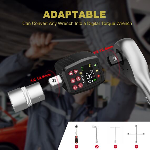 ANPUDS Digitaler Drehmomentadapter, 1/2 Zoll 6.75-135Nm Drehmomentadapter Set mit Voreingestellter, Lagerung, Summer, LCD Anzeige, ± 1% Fehlergenauigkeit, 1/4" 3/8" Adapter für Auto, Motorrad, Fahrrad