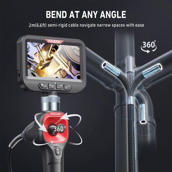 Ralcam Endoskopkamera mit Licht Endoscope Camera - 360° Endoskop Schwenkbarer 4,3" HD 720P Inspektionskamera mit Licht Rohrkamera, Kameras mit 6 LED, IP67 (6,2mm Sonde/2M)