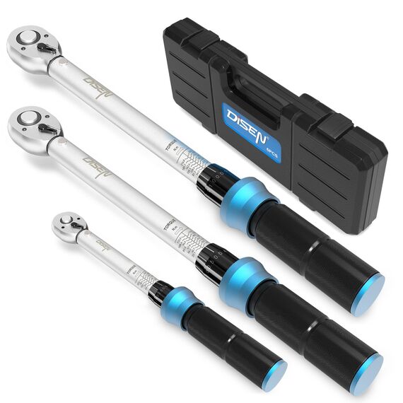 DISEN 3-tlg Drehmomentschlüssel Set, ±3% Fehlergenauigkeit, 1/2", 3/8", 1/4", Bidirektionaler Ratschenkopf für Auto Motorrad Fahrrad Mit Kalibrierzertifikat & Aufbewahrungskoffer