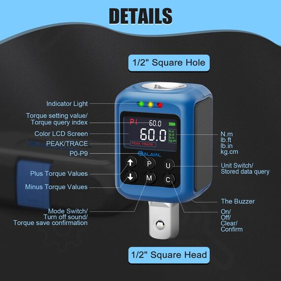 ALAIAL Digitaler Drehmomentadapter 1/2 Zoll, 1-60Nm Digitaler Drehmoment Adapter, Digital Drehmomentschlüssel Set mit 3/8" und 1/4" Adapter, Summer, LCD-Anzeige für Fahrrad Motorrad Auto Reparatur