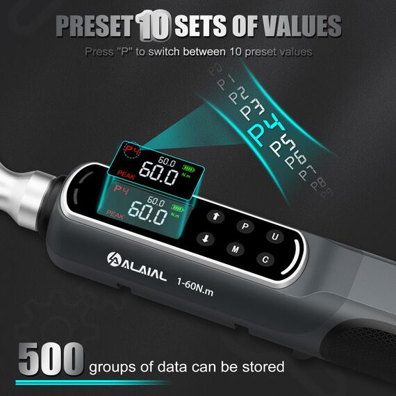 ALAIAL Drehmomentschlüssel Digital 1-60Nm, 3/8 Zoll Digitaler Drehmomentschlüssel mit Vibrationen, LED-Anzeige, Summer, Elektronischer Knarren-Schlüssel für Reparatur von Auto, Motorrad, Fahrrad