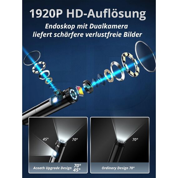 Acoath Endoskopkamera mit Licht, 1920 HD Rohrkamera mit 8 LEDs, IP67 Wasserdichtes Inspektionskamer Handy Gadget, 5M Kanalkamera Werkzeuge für Android & iOS - 2 Lenses