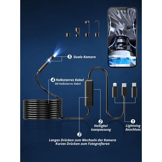 Acoath Endoskopkamera mit Licht, 1920 HD Rohrkamera mit 8 LEDs, IP67 Wasserdichtes Inspektionskamer Handy Gadget, 5M Kanalkamera Werkzeuge für Android & iOS - 2 Lenses