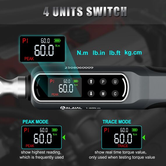 ALAIAL Drehmomentschlüssel Digital 1-60Nm, 3/8 Zoll Digitaler Drehmomentschlüssel mit Vibrationen, LED-Anzeige, Summer, Elektronischer Knarren-Schlüssel für Reparatur von Auto, Motorrad, Fahrrad