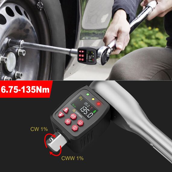 ANPUDS Digitaler Drehmomentadapter, 1/2 Zoll 6.75-135Nm Drehmomentadapter Set mit Voreingestellter, Lagerung, Summer, LCD Anzeige, ± 1% Fehlergenauigkeit, 1/4" 3/8" Adapter für Auto, Motorrad, Fahrrad