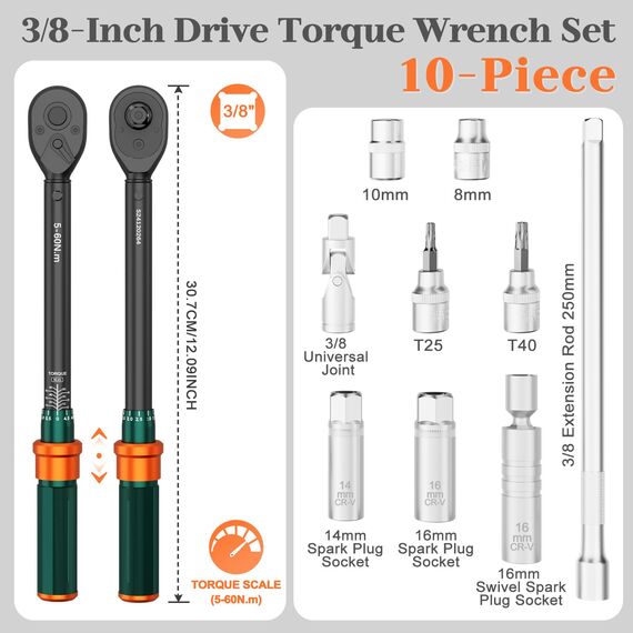 NADOKHI Drehmomentschlüssel 3/8 Zoll, 5-60Nm, 72 Zähne, 10-tlg Klein Drehmomentschlüssel Set mit 250mm Verlängeru, Universalgelenk, Zündkerzenhülse, für Fahrrad, Motorrad und Auto Zündkerzen Wechsel