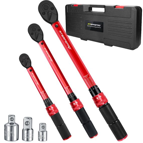 ATsafepro 6-tlg Drehmomentschlüssel Set 1/4", 3/8", 1/2",Drehmomentschlüssel Fahrrad 1-25Nm, 5-60Nm, 20-230Nm mit 72-Zahn-Ratsche, ±3% Genauigkeit & 3 Steckdosenadapter für Motorrad, Auto,Fahrrad