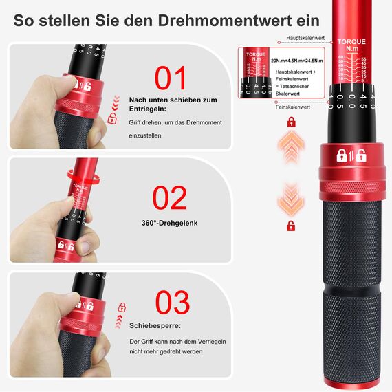 ATsafepro Drehmomentschlüssel 3/8'', 5–60 Nm Drehmomentschlüssel Set mit 3/8" auf 1/4"&1/2" Stecknuss Adapter & 15 cm Verlängerung,±3% Genauigkeit für Auto, Fahrrad, Motorrad