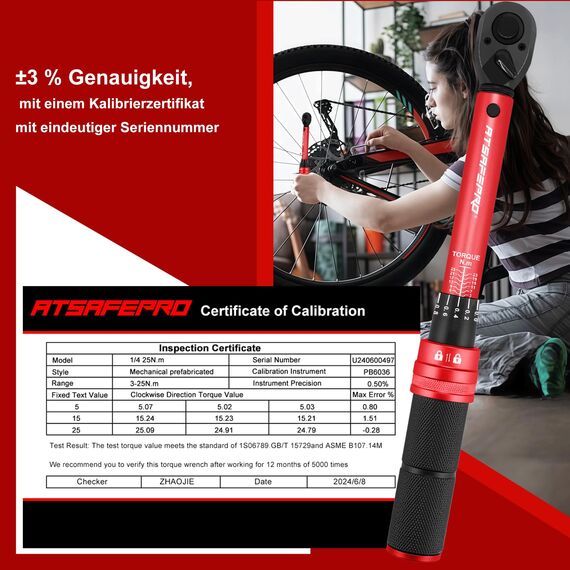 ATsafepro Fahrrad Drehmomentschlüssel 3-25 Nm, 1/4 Drehmomentschlüssel Klein, Drehmoment schlüssel Fahrrad mit dualer Richtungsverstellung und 72 Zähnen für Fahrrad und Motorrad wartung