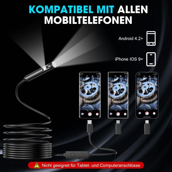 OneAmg Endoskopkamera mit Licht,1920P HD Doppellinse Endoskopkamera Handy mit 8 +1 LED Wasserdichtes IP67 Inspektionskamera Kein WLAN Erforderlich Endoskop Kamera für Android & iOS (16.4 ft/5m)