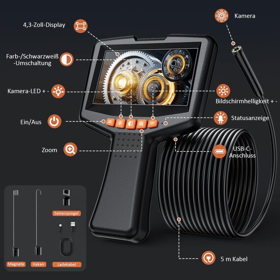 FINIBO Endoskopkamera mit Licht 5m, Single Lens Endoskop mit 4.3-Zoll-IPS- Bildschirm, 5mm IP67 wasserdichte Inspektionskamera, 1080P HD Rohrkamera, Kanalkamera, 2000mAh Batterie