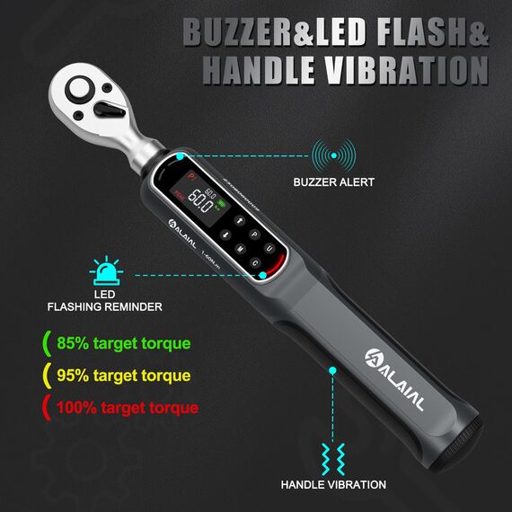 ALAIAL Drehmomentschlüssel Digital 1-60Nm, 3/8 Zoll Digitaler Drehmomentschlüssel mit Vibrationen, LED-Anzeige, Summer, Elektronischer Knarren-Schlüssel für Reparatur von Auto, Motorrad, Fahrrad