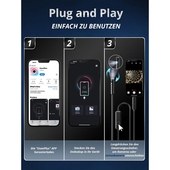 Acoath Endoskopkamera mit Licht, 1920 HD Rohrkamera mit 8 LEDs, IP67 Wasserdichtes Inspektionskamer Handy Gadget, 10M Kanalkamera Werkzeuge für Android & iOS - 2 Lenses