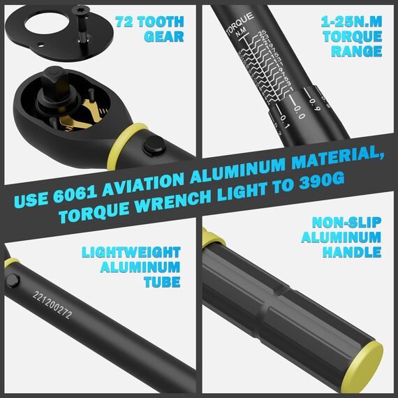 ANPUDS Drehmomentschlüssel 1/4", 1-25Nm Fahrrad & Motorrad Drehmomentschlüssel 21-tlg. Set mit Adapter, Verlängerungsstange, Innensechskant, Bits, für Fahrradwartung