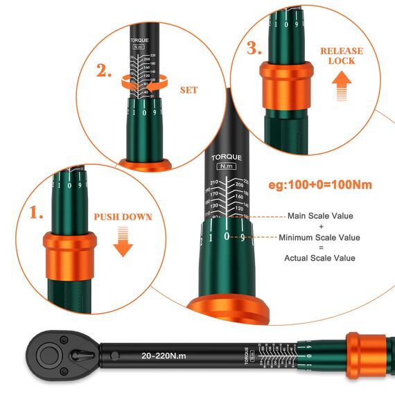 NADOKHI Drehmomentschlüssel 1/4 & 3/8 & 1/2 Zoll, 3tlg Drehmomentschlüssel Set 3-25Nm 5-60Nm 20-220Nm mit 72 Zähne Wende Ratschenkopf, ±3% Fehlergenauigkeit, für Fahrrad, Motorrad, Auto Reparatur