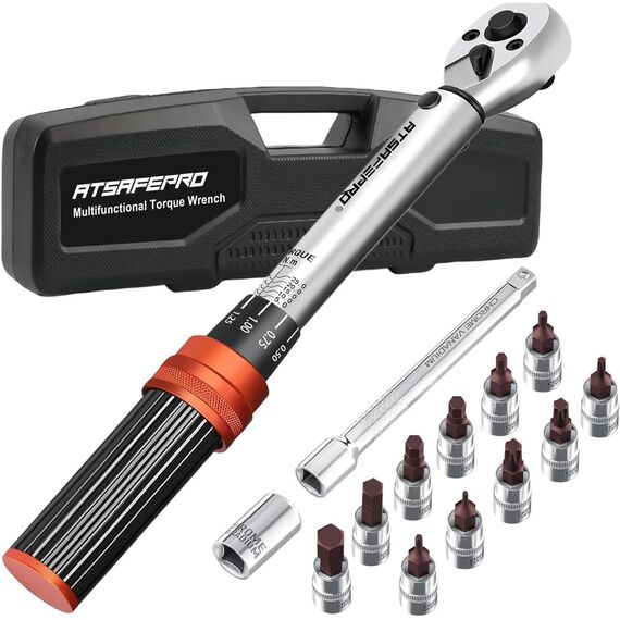 ATsafepro 15PCS Drehmomentschlüssel Fahrrad Set 1/4 Zoll, Drehmomentschlüssel klein 5-25 Nm 72 Zahn Stahl，Motorrad Torque Wrench Klein für Fahrrad und Motorrad Wartung