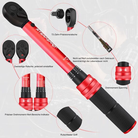 ATsafepro 61-Tlg Drehmomentschlüssel Fahrrad 1/4 Zoll, 1-25 Nm Drehmoment schlüssel Auto, mit 40 Bits, Verlängerung,3/8''Adapter und einem Schraubendreher, Genauigkeit ± 3%
