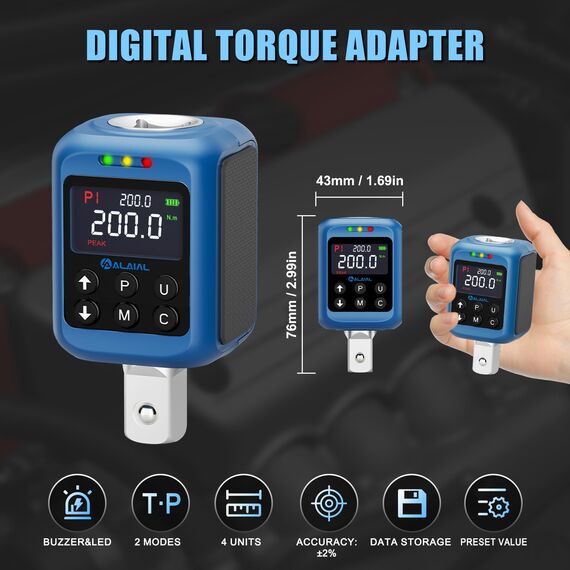ALAIAL Digitaler Drehmomentadapter 1/2 Zoll, 3-200Nm Digitaler Drehmoment Adapter, Digital Drehmomentschlüssel Set mit 3/8" und 1/4" Adapter, Summer, LCD-Anzeige für Fahrrad Motorrad Auto Reparatur