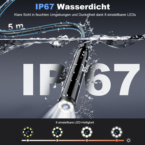 FINIBO Endoskopkamera mit Licht 5m, Single Lens Endoskop mit 4.3-Zoll-IPS- Bildschirm, 5mm IP67 wasserdichte Inspektionskamera, 1080P HD Rohrkamera, Kanalkamera, 2000mAh Batterie
