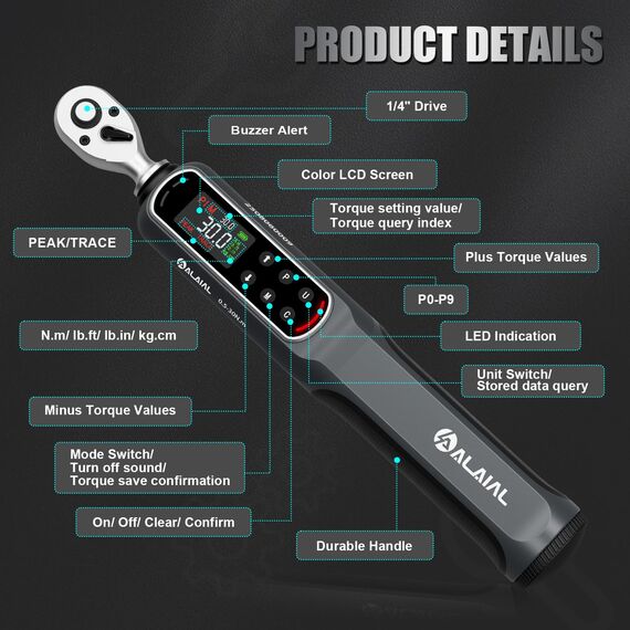 ALAIAL Digitaler Drehmomentschlüssel 1/4 Zoll, 0.5-30Nm Drehmomentschlüssel Digital mit Vibrationen, LED-Anzeige, Summer, Elektronischer Knarren-Schlüssel für Reparatur von Motorrad, Fahrrad