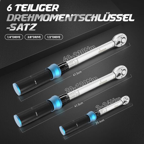 DISEN 3-tlg Drehmomentschlüssel Set, ±3% Fehlergenauigkeit, 1/2", 3/8", 1/4", Bidirektionaler Ratschenkopf für Auto Motorrad Fahrrad Mit Kalibrierzertifikat & Aufbewahrungskoffer