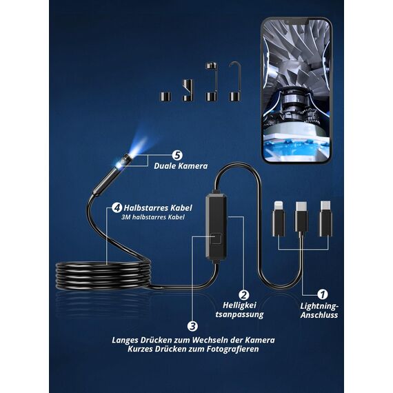 Acoath Endoskopkamera mit Licht, 1920 HD Rohrkamera mit 8 LEDs, IP67 Wasserdichtes Inspektionskamer Handy Gadget, 3M Kanalkamera Werkzeuge für Android & iOS - 2 Lenses