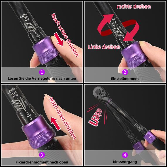 UYECOVE Drehmomentschlüssel Set, 3 teilig Drehmomentschlüssel 1/4" 1-25Nm, 3/8" 5-60Nm, 1/2" 20-220Nm, ±3% Fehlergenauigkeit,1/2“ to 3/8" Adapter